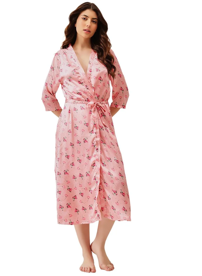 كلوفيا Floral Print Long Nighty & Robe Set in Light Pink - Satin